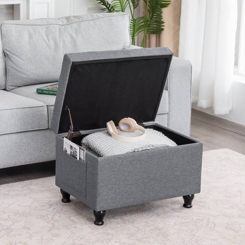 Adeco Linen Fabric Storage Ottoman for Living Room Bedroom