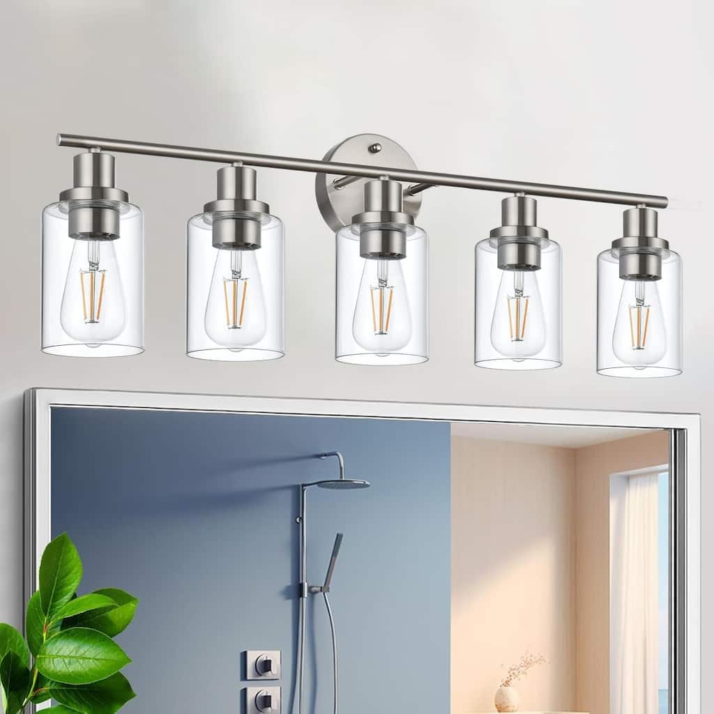 5-Light Bathroom Light Fixtures, Brushed Nickel Modern Vanity Lights Over Mirror with Clear Glass Shade, Bathroom Wall Lamp