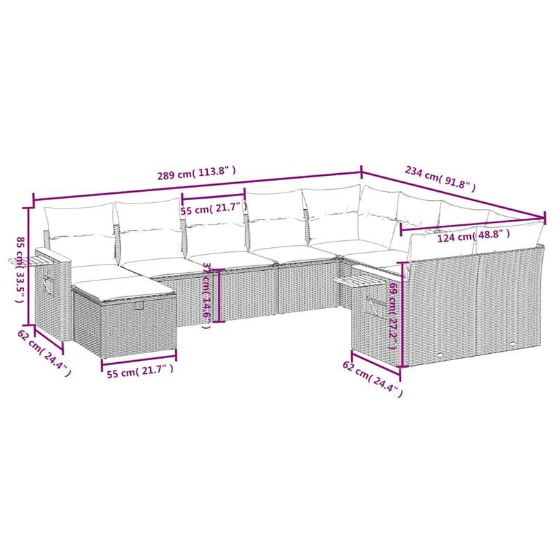 vidaXL 10 Piece Patio Sofa Set with Cushions Grey Poly Rattan (US only) - 113.8x33.5x91.8