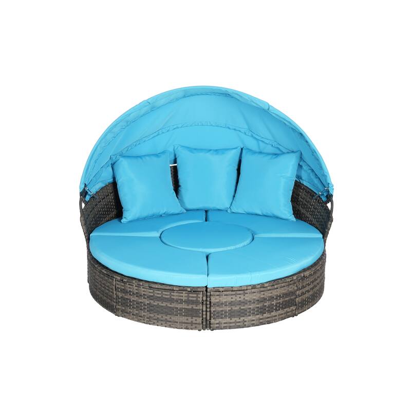 Outdoor Patio 4 Pieces Round Daybed Sunbed with Retractable Canopy, All-weather Wicker Sectional Seating Conversation Set
