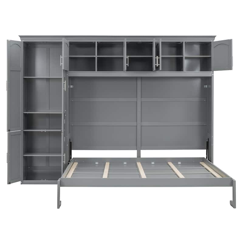 Queen Murphy Wall Bed with Integrated Storage Cabinets, Wardrobe and Drawers, Foldable Design