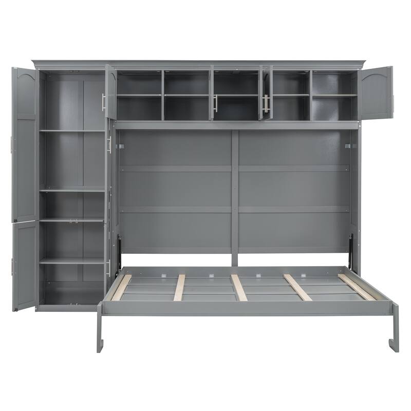 Space-Saving Queen Size Murphy Bed with Integrated Cabinets and Storage, Gray