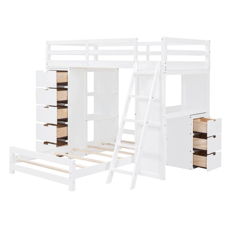Bunk Bed w/ LED Light&USB Poarts, Desk Kids Beds w/ 8 Drawers&Shelves