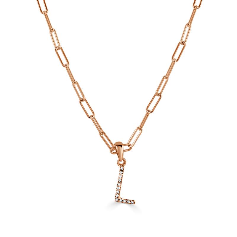 Joelle Collection Diamond Initial Letter Necklace Paperclip 14K Gold 16-inch Chain 1/10 TDW Necklace - L - Rose