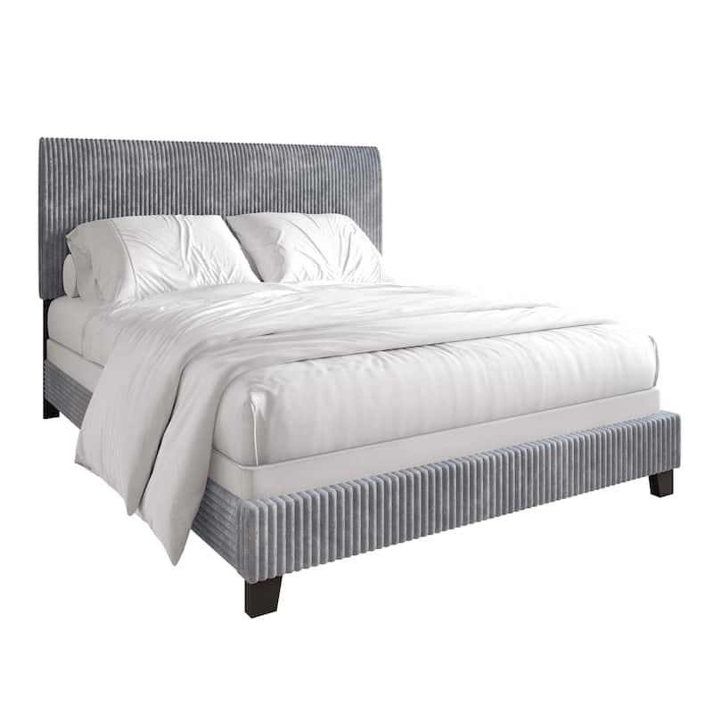 CraftPorch Corduroy 4-pieces Mid-Century Modern Grey Bed with Dark Grey Furniture Bedroom Set