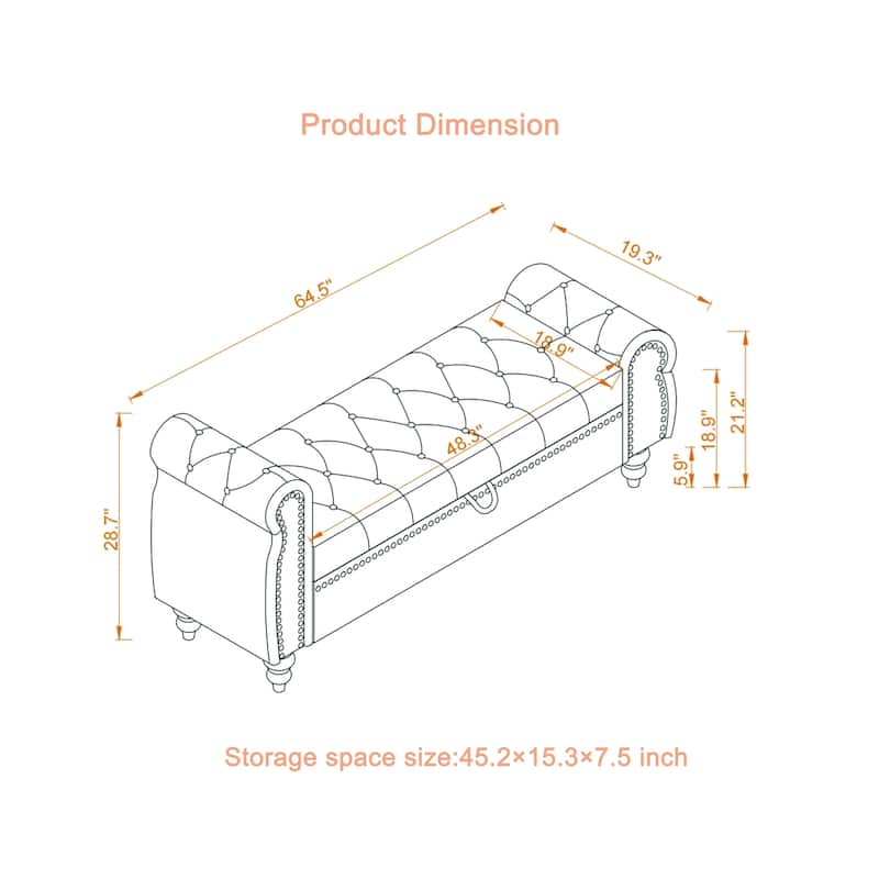 64.5" Bed Bench for Bed Room Nails Tufted Chaise of Lounge with Storage