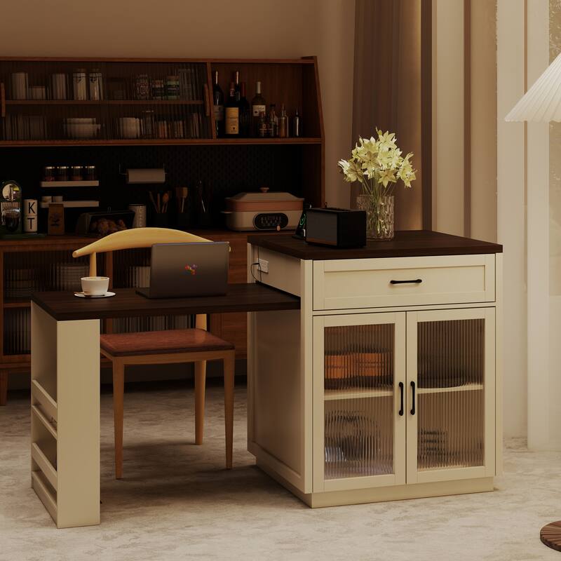 Modern Large Kitchen Island Expandable Kitchen Island with Power Outlet Storage Racks, Glass Doors and 2 Drawers, for Kitchen