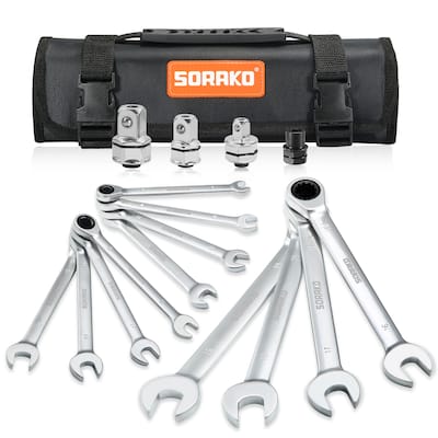 SORAKO 16-Piece SAE Ratchet Combination Wrench Kit with Socket Adapter