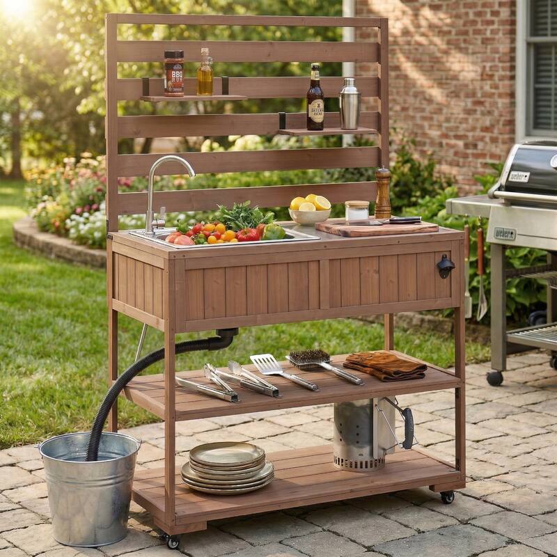 Roomfitters 41.7" Garden Potting Bench with Sink, Rolling Outdoor Potting Table, Bottle Opener, Storage Shelves, Hutch - Brown