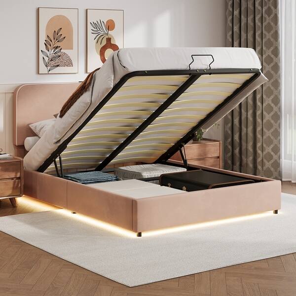 slide 2 of 37, Upholstered Queen Hydraulic Storage Bed with RGB LED Light - Elegant Green Velvet Design Pink
