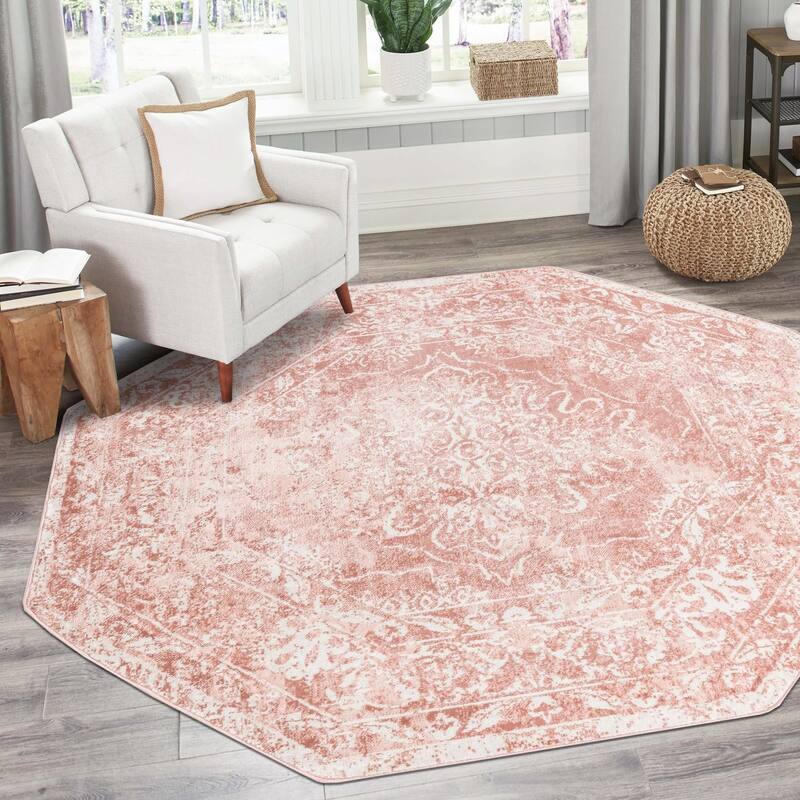 Contemporary Trabzon Collection Area Rug - Pink-Ivory - 7'x7' Octagon