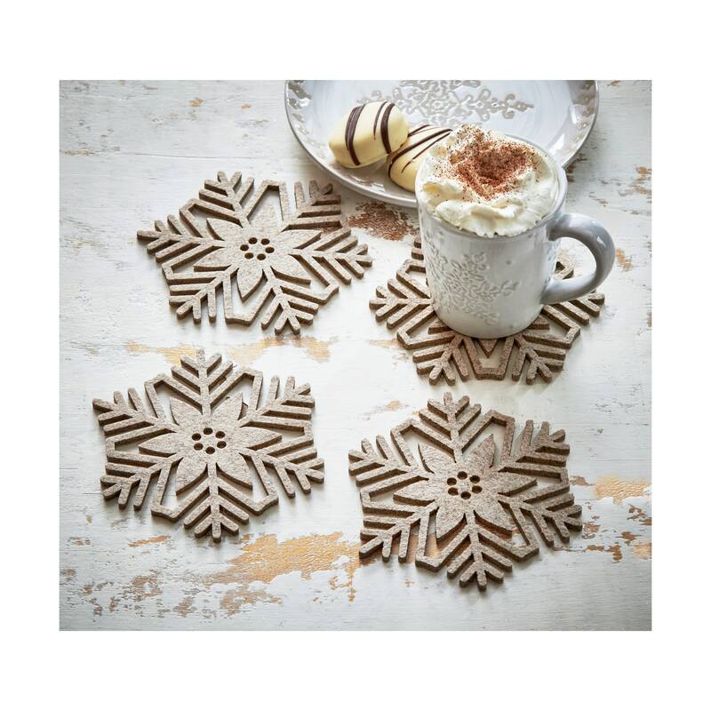 Set of 4 Beige Snowflake Coasters - Winter Wood Drink Coasters for Bar, 5.17" x 5.68" x 0.2" - Spot Clean