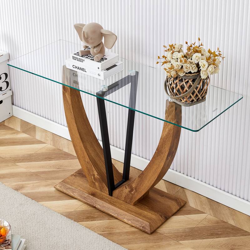 50" Modern Rectangular Side Table with Durable Tempering Glass Tabletop and Solid Base