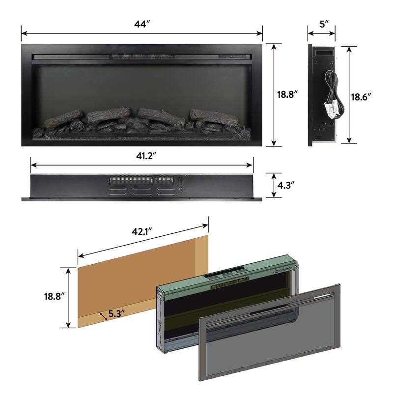 44-Inch In-Wall Electric Fireplace with Remote, Log-Like Flame Effect, LED Light Heater, and Adjustable Flame Brightness