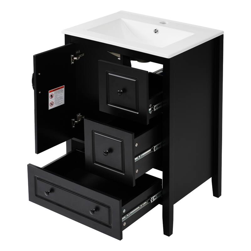 24 inch Bathroom Vanity with Sink, One Cabinet with Soft-closing Door, 3 Soft-closing Drawers, Retro Metal Handles