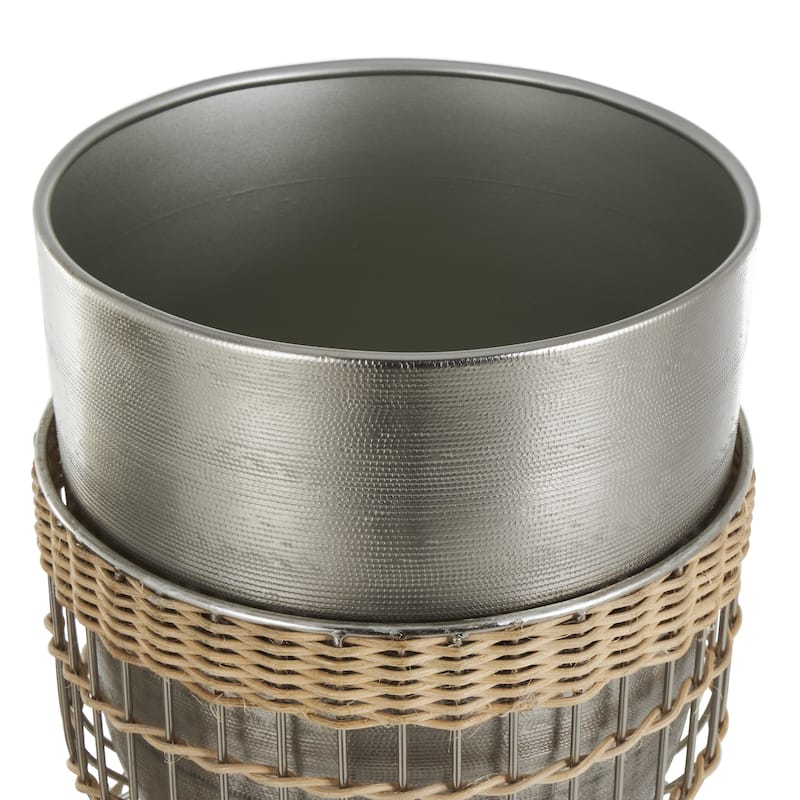 Metal Textured Dome Indoor Planter with Woven Seagrass or Rattan and Cage Rod Base - Set of 3 Gold or Silver - Roche River Decor