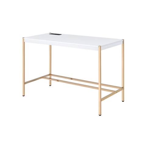 Rectangular Wood Writing Desk with USB Port in White and Gold