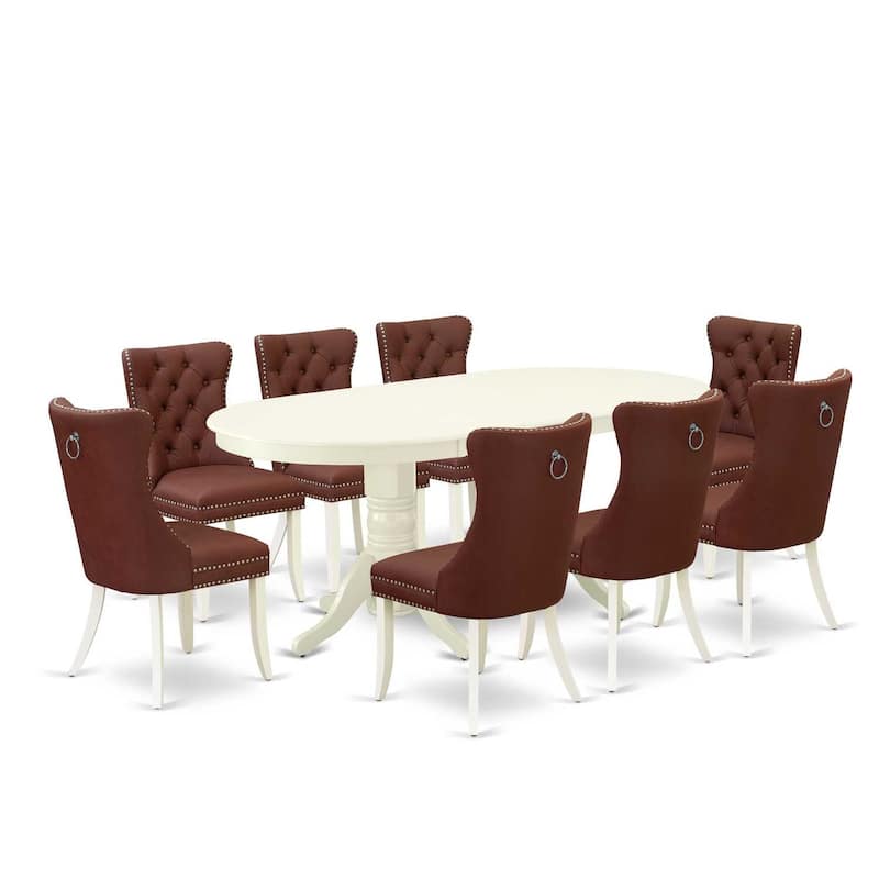 Oval Dining Set with 8 Chairs - Linen White Kitchen Table Set - Modern Parson Chairs