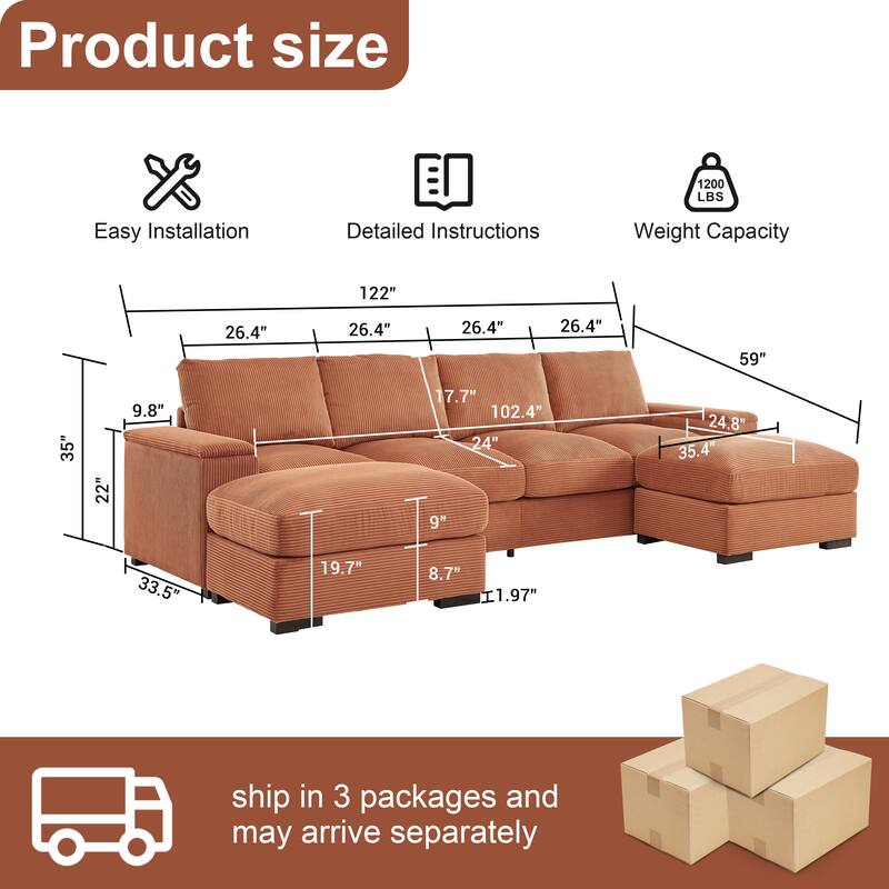 U-Shaped Sectional Sofa with 2 Movable Ottomans, Comfy Corduroy Upholstered 4 Seater Sofa, Lounge Sofa with Storage Armrests