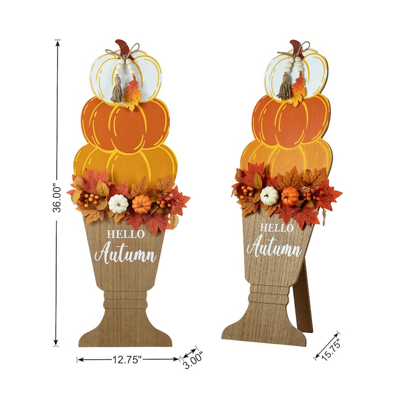Glitzhome 36"H Fall Wooden Stacked Pumpkin with Urn Porch Decor