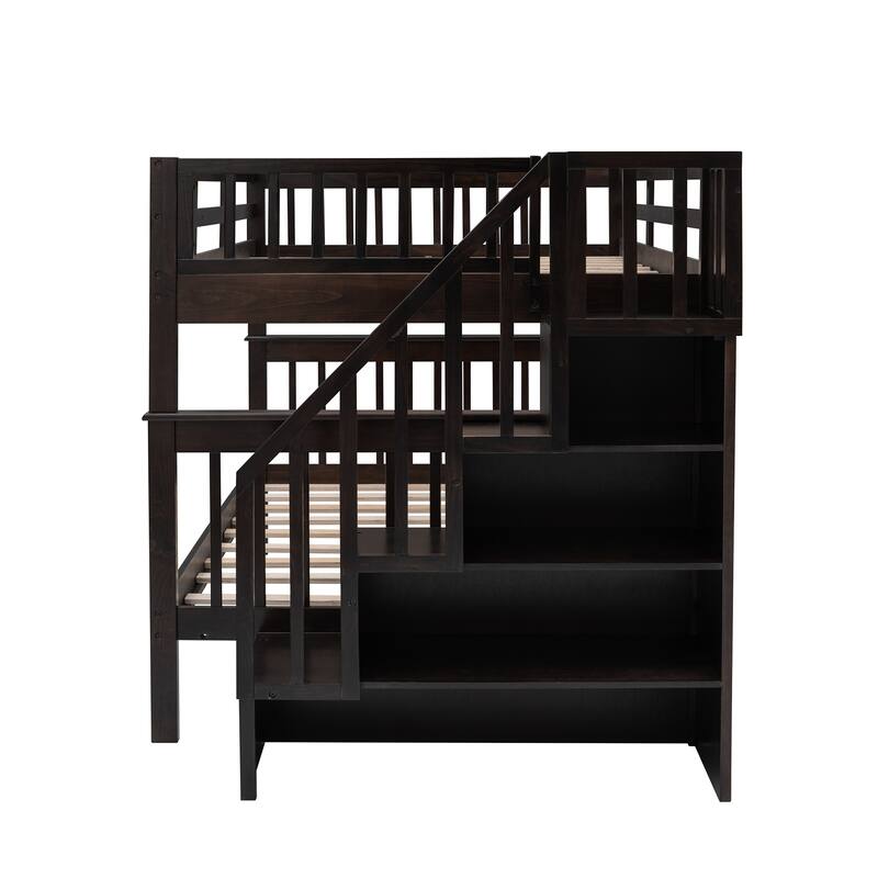 Full-Over-Full Bunk Bed with Storage, Staircase, and Guard Rail in Espresso Finish