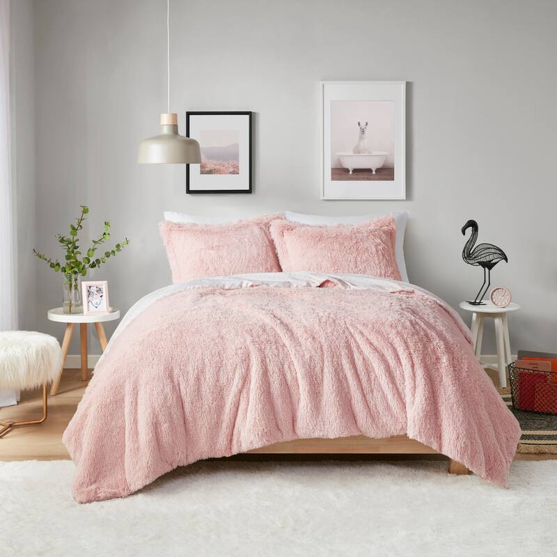 Intelligent Design Effie Shaggy Fur Reversible Comforter Set - Blush - Queen