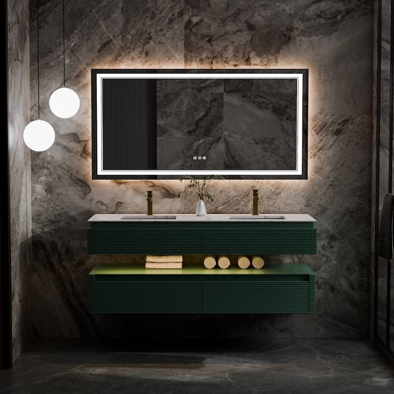 Modland 60" Modern Wall-Mounted Double Sink Bathroom Vanity with Engineered Stone Countertop, Soft-Close Drawers