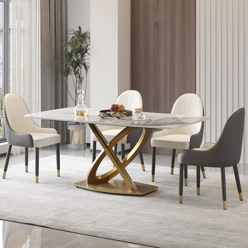 Contemporary Marble Dining Table with Gold Geometric Base