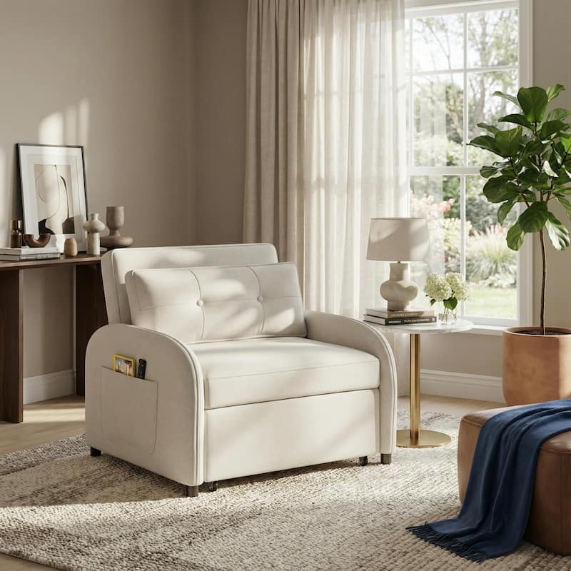 3-in-1 Convertible Sleeper Sofa Bed with Pillow & Pocket, Loveseat Sleeper Chair in Soft Cotton Linen, for Living Room