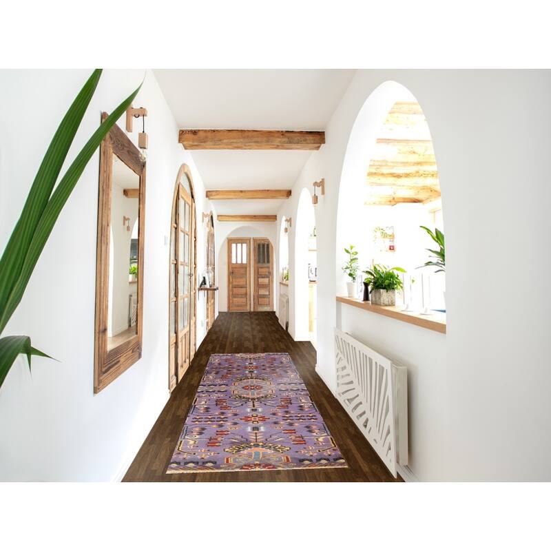 Hand Knotted Oriental 100% Wool Carpet Transitional All-Over Purples Oushak Runner Rug - 9' 10'' X 2' 7''
