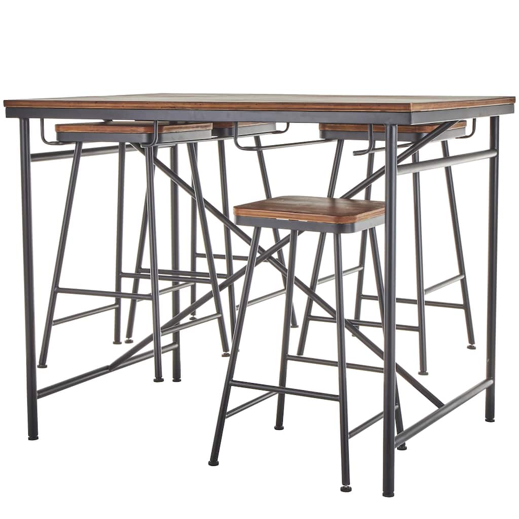 Metal Compact Suspended Storage Dining Table with Brown Wood Tabletop and 4 Stools - Set of 5 Black - Roche River Decor