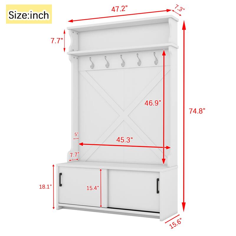 Hall Tree with Top Shelf, Hallway Shoe Bench with Sliding Doors, Coat Rack with Hanging Hooks for Entryways Hallway