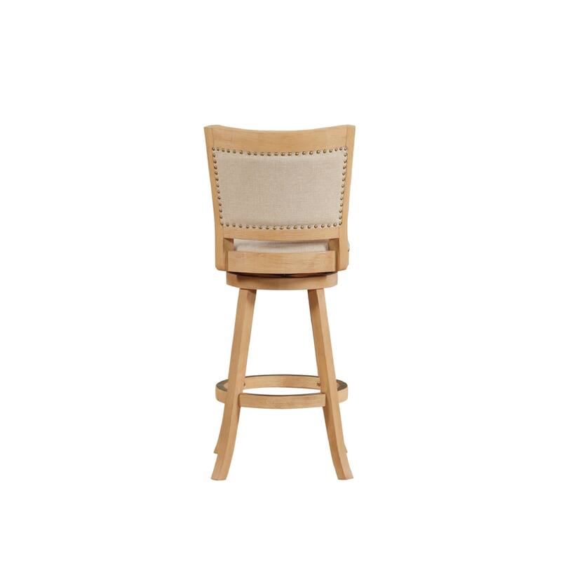 Kia 24 Inch Solid Wood Swivel Counter Stool, Curved Panel Back, Brass Nailheads, Ivory