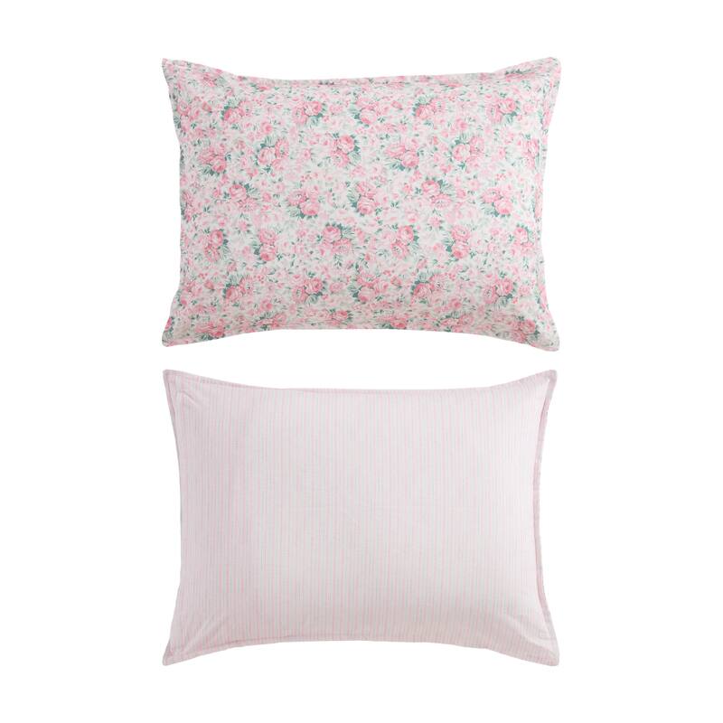 Laura Ashley Pamela's Posies Floral Reversible Stripe Breathable Cotton Comforter Set (Pink)