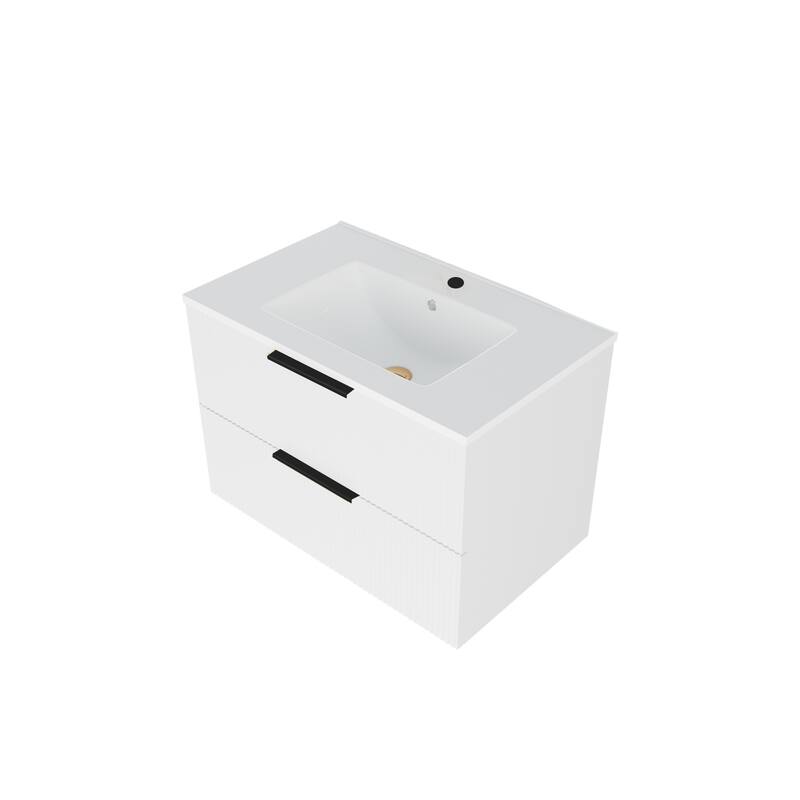 30 Inch Bathroom Vanity Cabinet With Ceramic Sink - White Wall Mounted Floating Fluted Vanity With Drawers