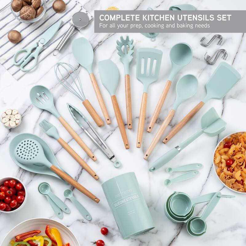 Country Kitchen Non Stick Silicone Utensil Set with Rounded Wood Handles for Cooking and Baking, 38 Piece Set