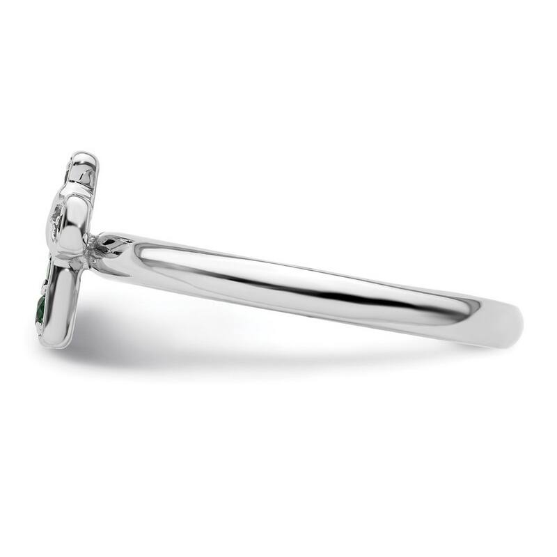 Curata 2.25mm 925 Sterling Silver Stackable Expressions Rhodium Created Emerald Religious Faith Cross Ring