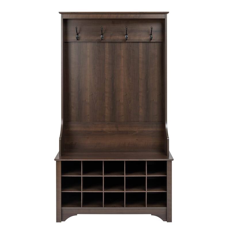 Prepac Hall Tree with Bench and Shoe Storage, Mudroom Bench with Storage and Hooks