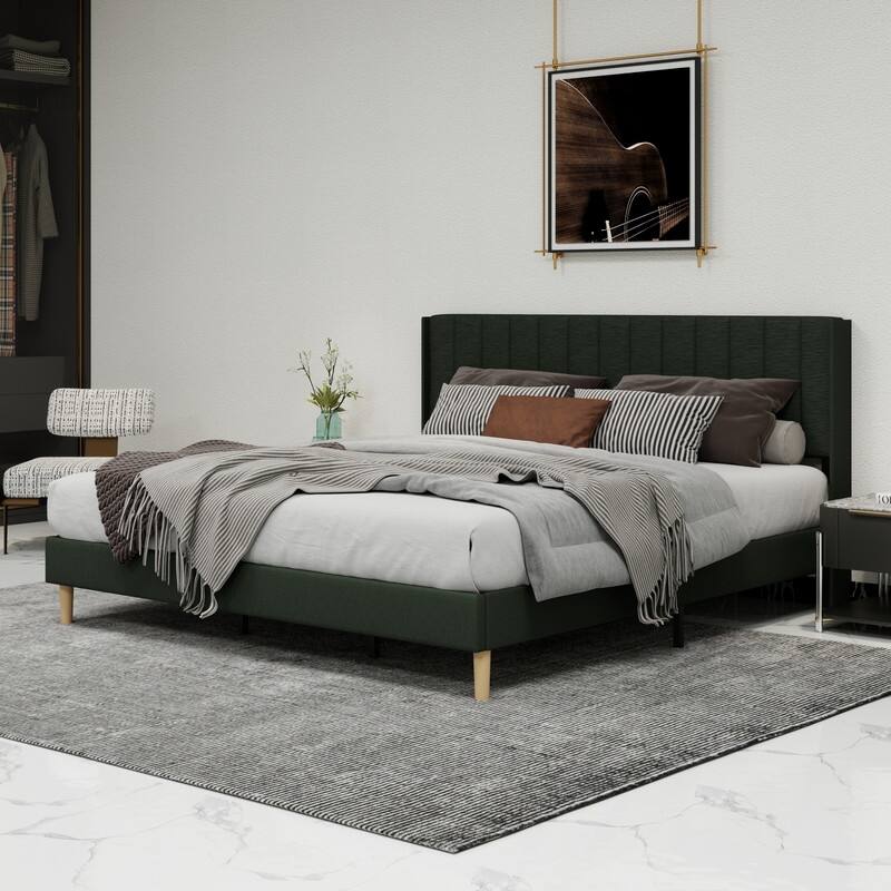 Caxkun Upholstered Platform Bed Frame with Wingback headboard - Black - King