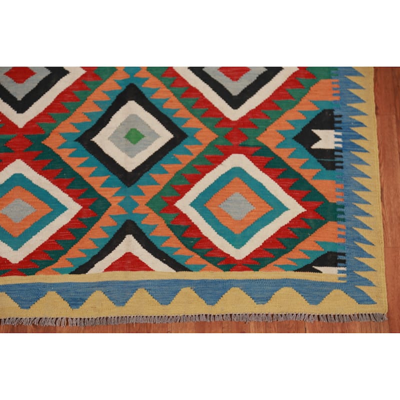 Hand Woven Oriental 100% Wool Carpet Southwestern Geometric Multi-Colored Kilim Area Rug - 8' 5'' X 5' 3''