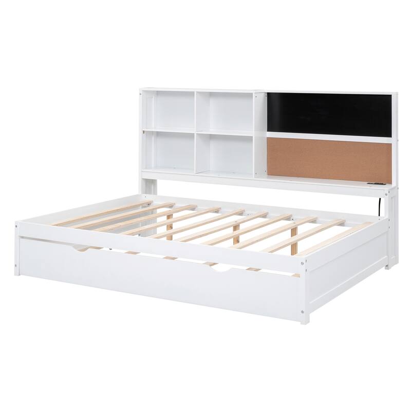 Full Size Wood Daybed with Storage Shelves, Blackboard, Cork Board, USB Charging Ports, and Trundle