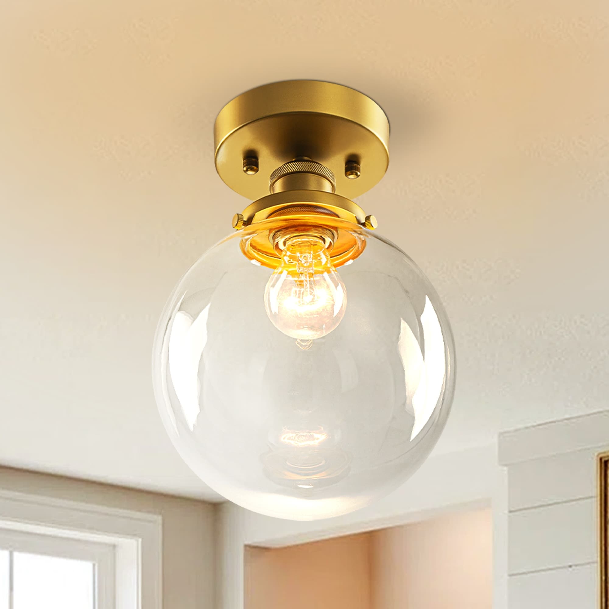 7.9" Modern Traditional Brushed Gold 1-Light Clear Glass Globe Semi-Flush Mount Ceiling Light