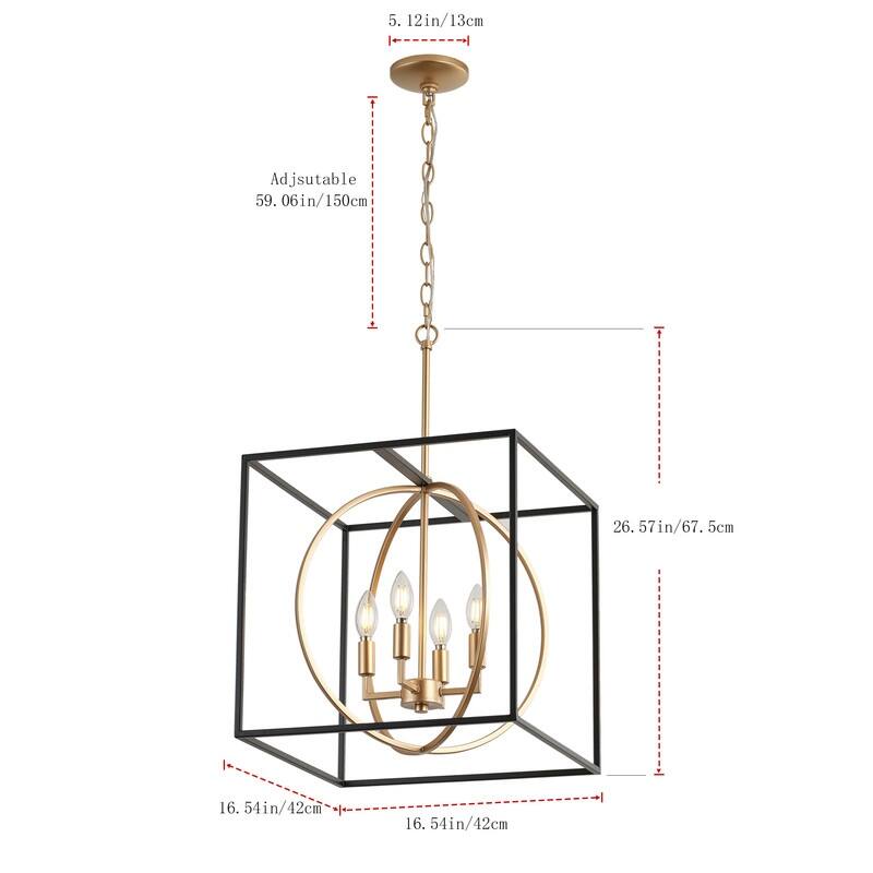 Industrial 4-Light Cube Pendant Chandelier with Matte Black and Gold Finish