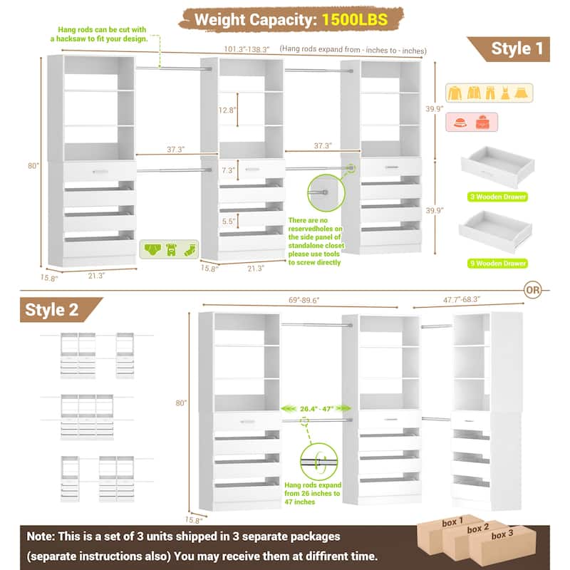 140'' Walk-in Closet Organizer System with 12 Drawers ＆ 4 Hanging Rods, 8.5-11.5FT Wooden Wardrobe Clothes Rack with 3 Towers