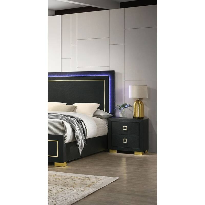 Queen Size Engineered Wood Platform Bed Set with LED Headboard and Gold Accent Legs - 3pc Contemporary Furniture