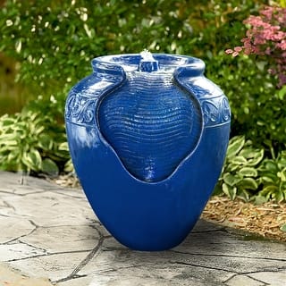 Teamson Home - Outdoor Glazed Pot Floor Bird Bath Fountain - Royal Blue