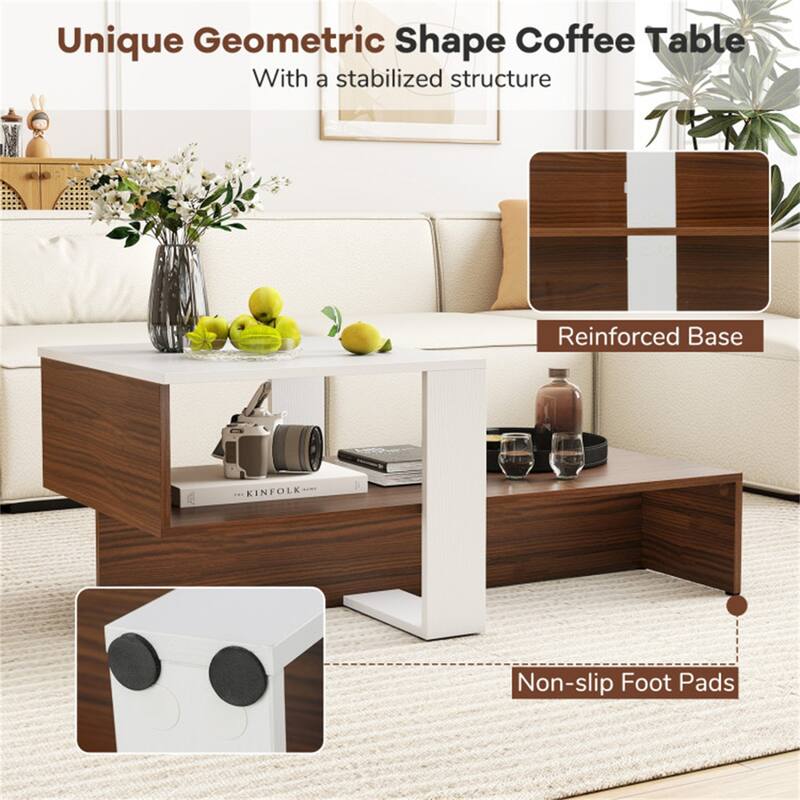 White-Brown Engineered Wood Geometric Coffee Table with 2 Tier Storage - 31" x 16" x 13" (L x W x H)