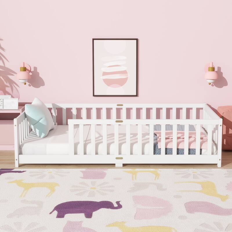 Rubber Wood Twin Size Floor Bed with Fence without Door - White