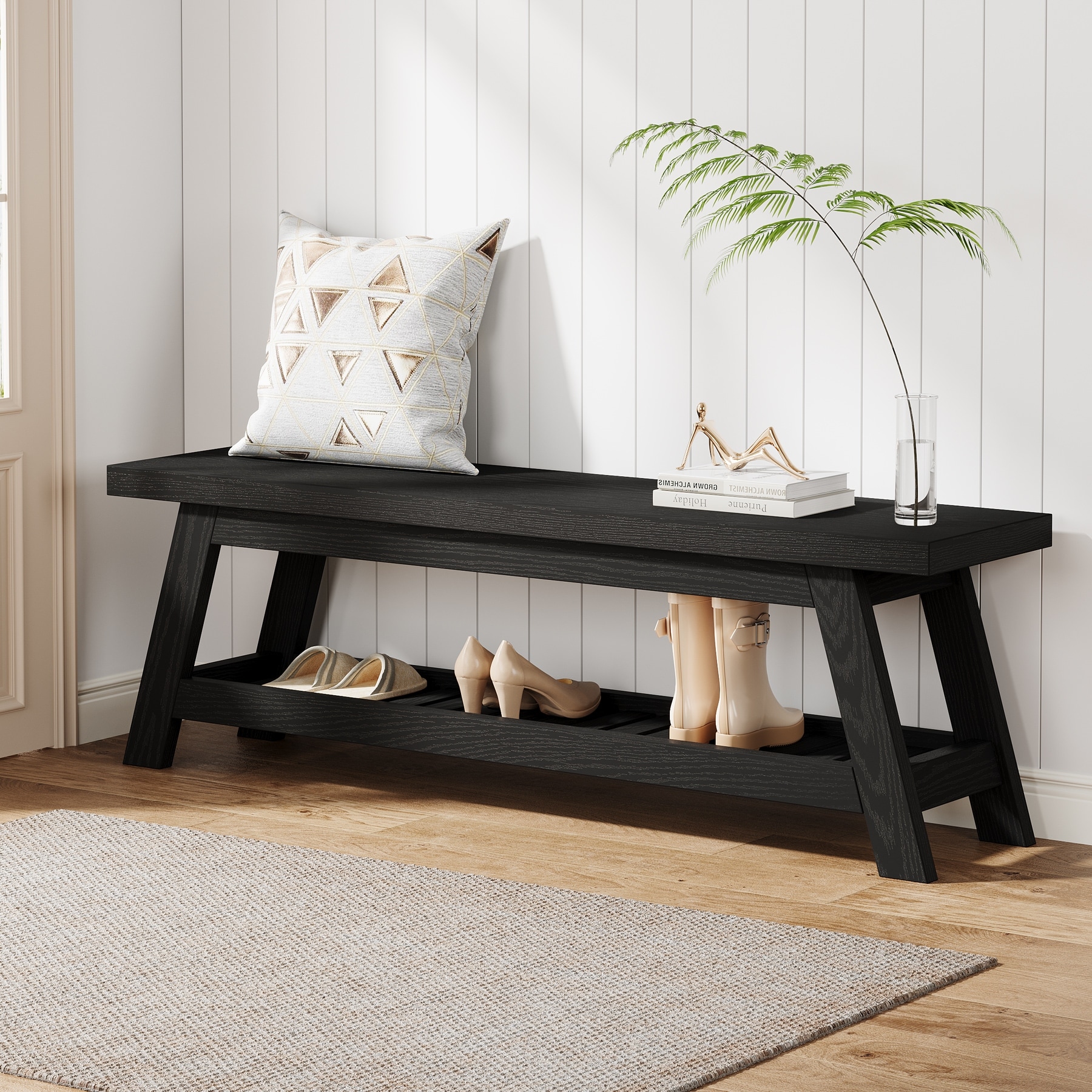 2-Tier Entryway Shoe Bench with Storage, 55-Inch Long Wood Storage Bench for Living Room, Bedrooms