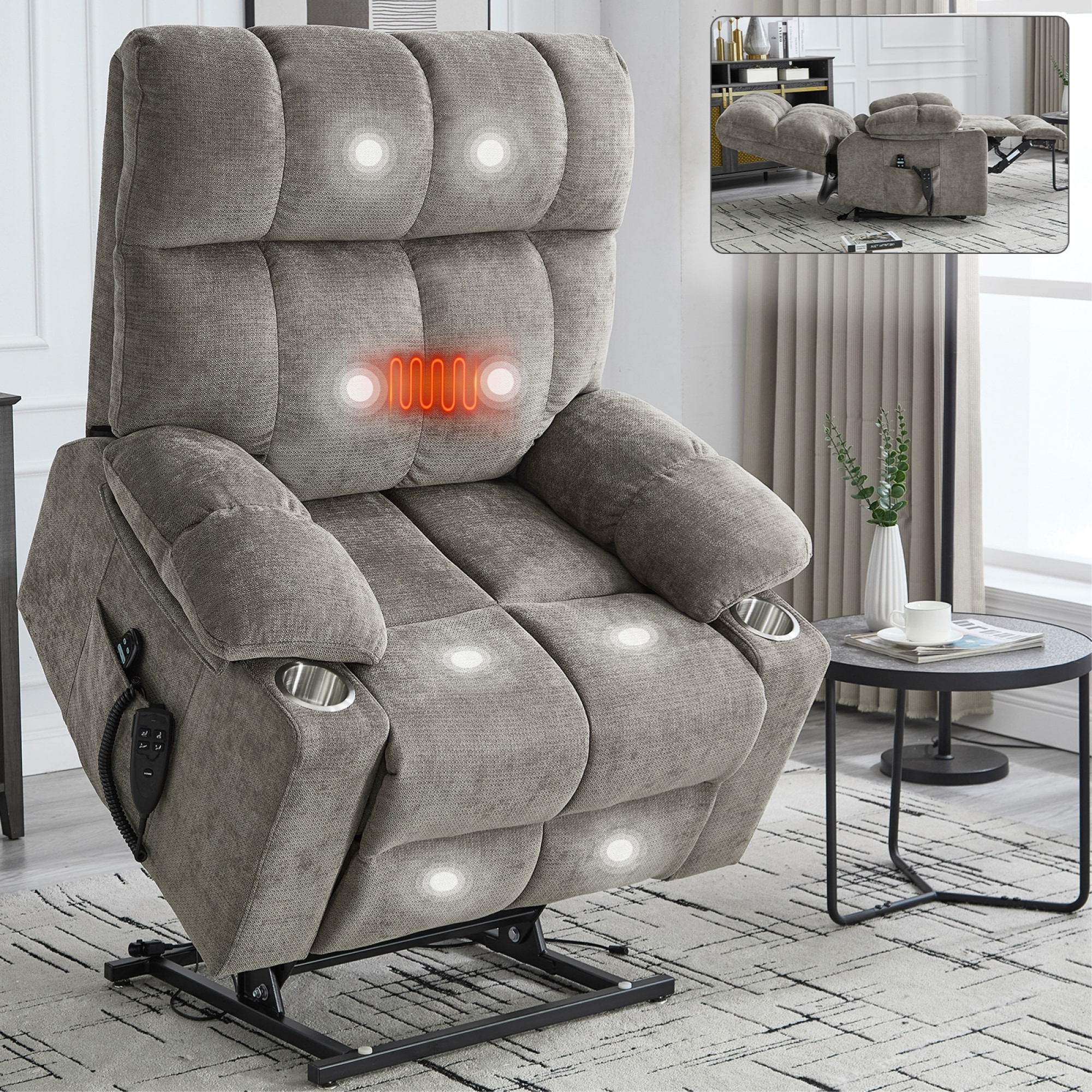 Roomfitters Dual Motor Power Lift Recliner Chair with Heat Massage Oversized Infinite Position Sofa with Cup Holders